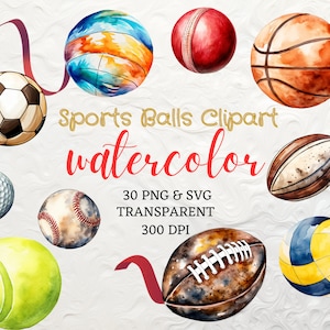 Aquarel Sport bal Clipart 30 PNG ballen voetbal Golfbal Clipart Instant Download kleurrijke Sport bal Png Golf Vector Sport Clipart