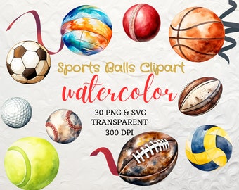 Watercolor Sport Ball Clipart 30 PNG Balls Soccer Ball Golf Ball Clipart Instant Download Colorful Sport Ball Png Golf Vector Sport Clipart