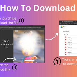 Puede incluir: Un gr&aacute;fico con instrucciones sobre c&oacute;mo descargar un archivo despu&eacute;s de la compra. Los pasos incluyen descargar el archivo, abrirlo, hacer clic en un enlace compartido y descargar desde Google Drive. El texto "How To Download" est&aacute; en la parte superior.