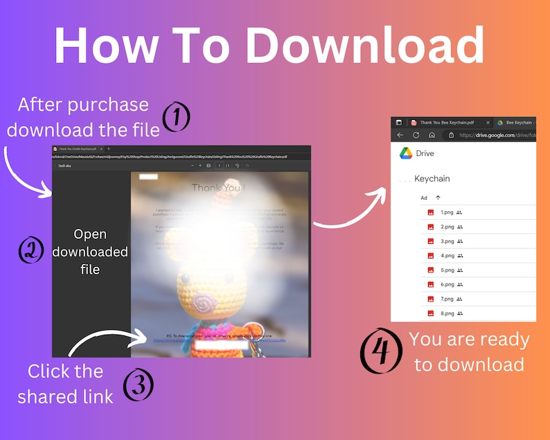 Puede incluir: Un gr&aacute;fico con instrucciones sobre c&oacute;mo descargar un archivo despu&eacute;s de la compra. Los pasos incluyen descargar el archivo, abrirlo, hacer clic en un enlace compartido y descargar desde Google Drive. El texto "How To Download" est&aacute; en la parte superior.