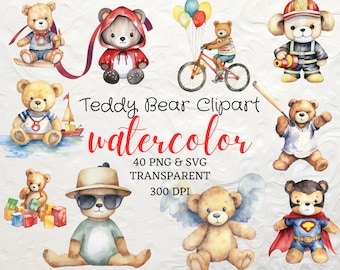 Watercolor Teddy Bear Clipart 40 PNG Teddy Bear PNG Baby Shower Clipart Cute Teddy Bear Nursery Teddy Bear Clipart Baby Bear Clipart