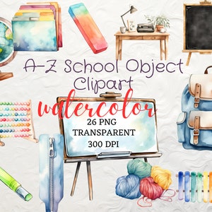 Clipart de objeto escolar em aquarela 26 PNG De volta às aulas A-Z Clipart Download instantâneo Alfabeto escolar Clipart Caneta de pena Telescópio Lancheira PNG