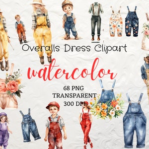 May include: Watercolor clipart set of overalls in various colors and styles, including denim, floral, and solid colors. The set includes 68 PNG files, transparent and 300 DPI.