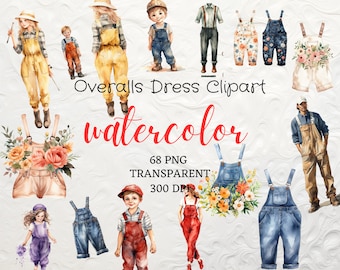 Watercolor Overall Dress Clipart 68 PNG Denim Overall Shortall Clipart Instant Download Floral Overall Vintage Overall Kids' Overall Clipart