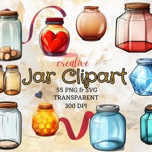 Jar Clipart 55 potten PNG aquarel Jar Vector lege pot Clipart Instant Download kleurrijke pot honing Jar commercieel gebruik Vector Jar creatief