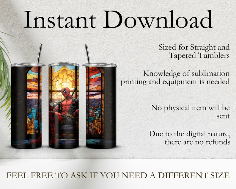 Puede incluir: Tres vasos de acero inoxidable con tapas y pajitas negras. Cada vaso presenta un dise&ntilde;o de vidriera con Deadpool en el centro. El fondo incluye paisajes urbanos y una c&aacute;lida puesta de sol amarilla y naranja. El texto en la imagen dice "Descarga instant&aacute;nea".