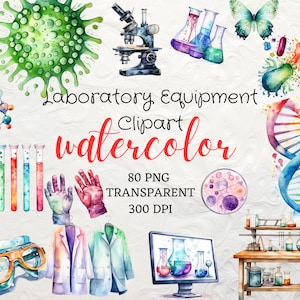 Equipo de laboratorio de acuarela Clipart 80 PNG Microscopio Clipart ADN Helix Virus Clipart Descarga instantánea Gafas de seguridad Guantes de laboratorio Clipart