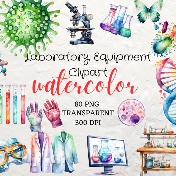 Aquarell Laborgeräte Clipart 80 PNG Mikroskop Clipart DNA Helix Virus Clipart Sofortiger Download Schutzbrille Laborhandschuhe Clipart