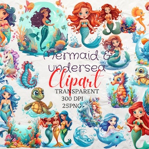 Mermaid Clipart Sea Animal Clipart Mermaid Sea Creatures Turtle Dolphin Clipart Cartoon Style Clipart Seahorse Clipart 25 Cute Mermaid PNG