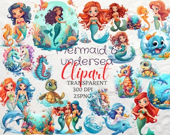 Mermaid Clipart Sea Animal Clipart Mermaid Sea Creatures Turtle Dolphin Clipart Cartoon Style Clipart Seahorse Clipart 25 Cute Mermaid PNG