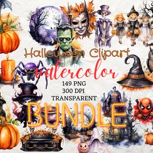 BUNDLE Watercolor Halloween Clipart 149 Transparent PNG Creative Halloween Pumpkins, Halloween Customes Instant Download for Commercial Use