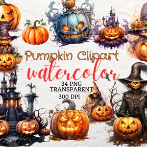 Watercolor Halloween Pumpkin Clipart 35 Transparent PNG Instant Download for Commercial Use, Jack-o&#39;-Lantern PNG Haunted Pumpkin Scarecrow