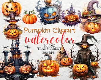 Watercolor Halloween Pumpkin Clipart 35 Transparent PNG Instant Download for Commercial Use, Jack-o'-Lantern PNG Haunted Pumpkin Scarecrow