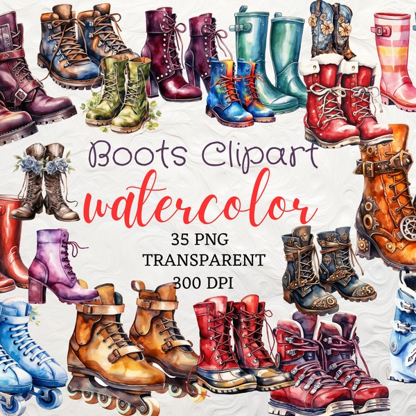 Watercolor Boots Clipart 35 Creative Boots PNG Instant Download Commercial Use Hiking Santa Boots Rain Cowboy Combat Winter Ankle Boots PNG