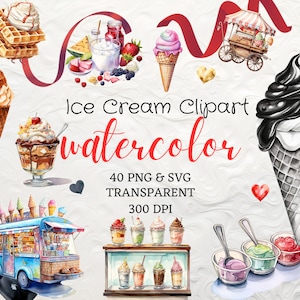 May include: Watercolor clipart of ice cream cones, sundaes, and ice cream carts. The clipart is in a variety of colors, including pink, blue, green, and brown. The clipart is perfect for use in scrapbooking, card making, and other craft projects.