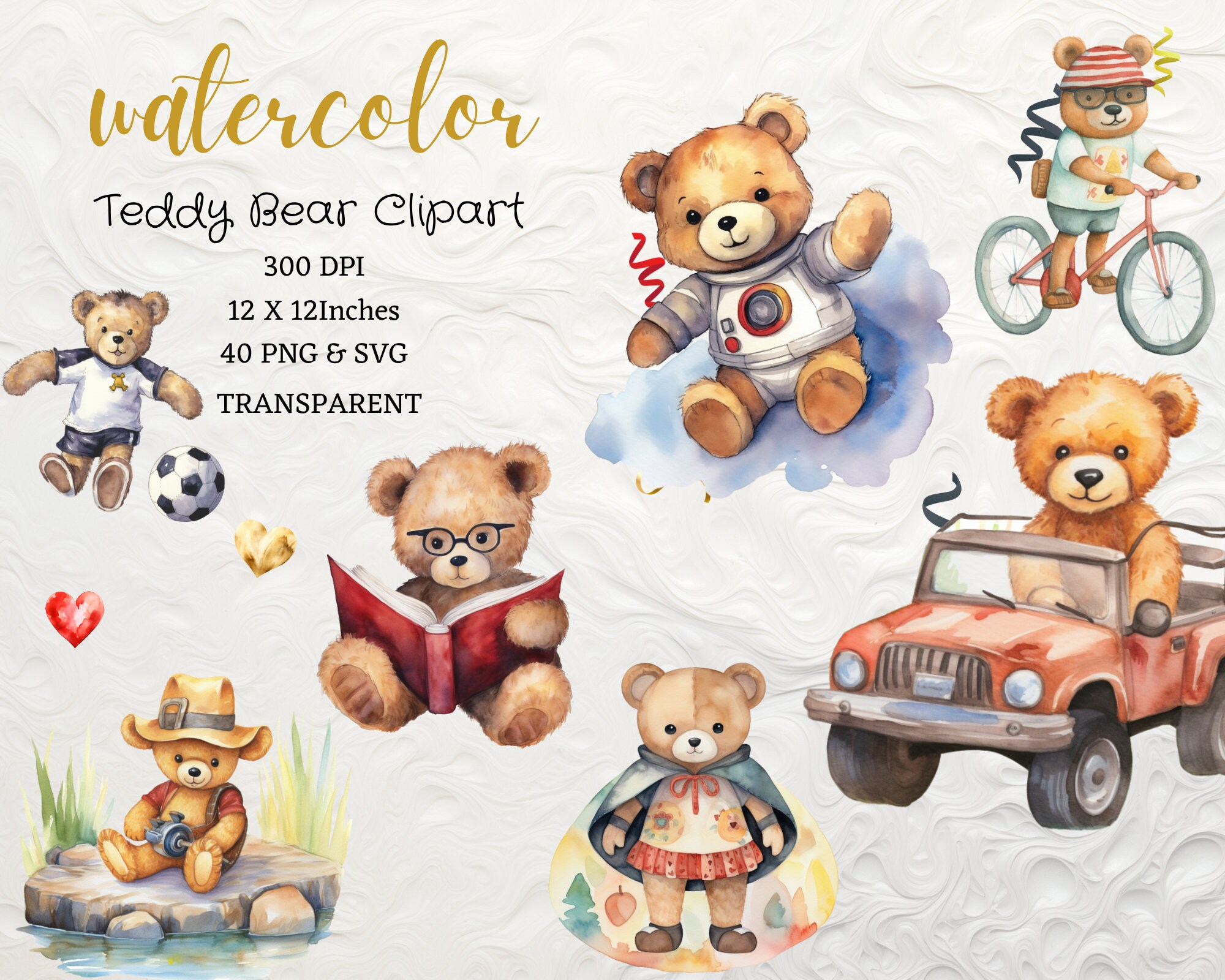 Watercolor Teddy Bear Clipart 40 PNG Teddy Bear PNG Baby Shower Clipart ...