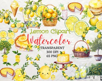 Acuarela Limón Clipart 65 PNG Limón Clipart Descarga Instantánea Flores de Limón PNG Limón Cesta Corona Pastel Cóctel Limón Png Limonado