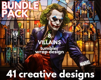 BUNDLE Iconic Villains 20 oz Skinny Tumbler Sublimation Design Straight & Tapered Tumbler Wrap Tumbler Sublimate 8 Villains PNG Joker Venom