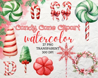 May include: Watercolor clipart set of Christmas candy canes, lollipops, and ornaments. The set includes a candy cane tree, a candy cane wreath, a candy cane snowflake, and a candy cane lollipop. The clipart is perfect for creating festive holiday crafts and decorations.