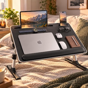 May include: A black adjustable laptop desk with a textured surface, featuring a tablet slot, a smartphone stand, and a wrist rest. The desk holds a silver laptop, a tablet, a smartphone, a smartwatch, wireless earbuds, a computer mouse, and a notebook.