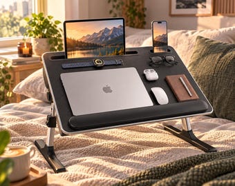 FoldWise 2-in-1 Bed Lap Desk – Adjustable Laptop Table with Cushions, Wrist Rest, Tablet Holder