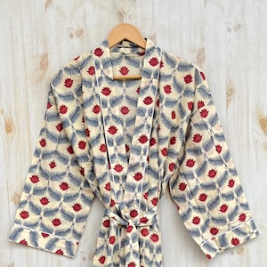 Cotton Kimono Robe Dressing Gown, Block Print Bridesmaid Robe, Summer Nightwear, One Size