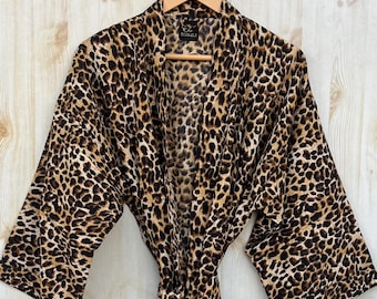 Crepe Silk Kimono, Leopard Print Kimono Robes, Resort Wear Kimono, Bath Robes, Soft And Comfortable Kimono Dress , Beach Coverup