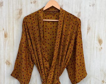 Poly Silk Sari Kimono Robe: Bohemian Hippie Lounge Wear Dress Resort Wear Robe Summer Wear Robe For Women's Beach Wear Robe Bikini Wrap Up
