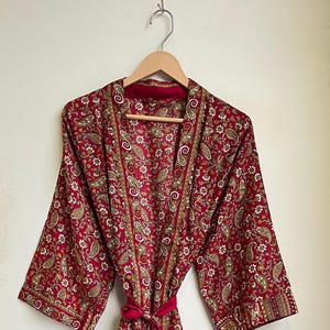 Red Floral Print Poly Silk Kimono Robe