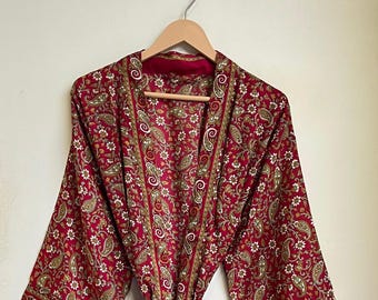 Red Floral Print Poly Silk Kimono Robe