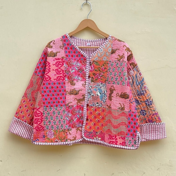 Handmade Patchwork jacket,Hand stitched cotton patchwork jacket, pure quilted cotton jacket,reversible short jacket,cotton sari kantha coat.