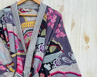 Cotton Kimono Robe Dressing Gown, Block Print Bridesmaid Robe, Summer Nightwear, One plus Size women robes dress boho bathrobe lightweight
