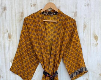 Vintage Poly Silk Kimono Robe, Handmade Kimono, Kimono For Women's, Summer Wear Robe, Resort Wear Robe, Beach Cover Up, Sleepwear Silk Maxi