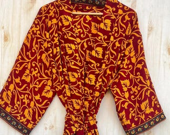 Seide Sari Recycled Kimono Robe mit Blumendruck: Vintage Sari, Strand Vertuschen Unisex Robe Nachtwäsche Seide Maxi Kleid