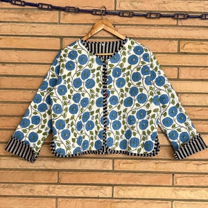 Cotton Quilted Jacket, Indian Handmade Floral Block Print Jacket, Reversible Stripe Piping Coat, Jacket For Women, Party Wear Short Coat&#39;s