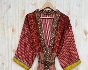 Indian Handmade Poly Silk Kimono Robe, Silk Bathrobe Women Sleepwear Robe, Plus Size Kimono Robe, Poly  Silk Cardigan, Luxury Mom Gift