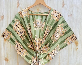 Kaftan met dierenprint, Indiase zachte katoenen kaftan, maxi-jurk, strandkleed, cadeau bruidsmeisje, kaftan voor dames, nachtkledingjurk