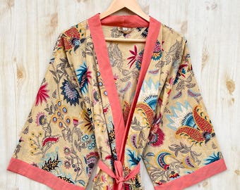 Kimono de algodão com estampa em bloco | Saída de praia boho | Roupão kimono artesanal estampado à mão | Kimono de moda sustentável | Presente ideal para ela