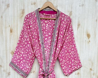 Elegant Pink Floral Silk Kimono Robe  Long Silk Dressing Gown for Women Luxury Printed Loungewear, Bridal or Bridesmaid Gift Robe