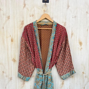 Recycled Silk Robe, Poly Silk Kimono Robe, Long Dressing Gown, Bohemian Lightweight Kimono, Indian Silk Robe, Women&#39;s Silk Robe, Gifts