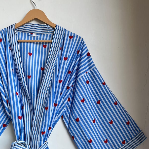 Indian Handmade Cotton Pretty Heart Printed Kimono Robe Beach Cover Up Kimono With Belt Bridesmaid Kimono ,Gift For Her Sleepwear Robe