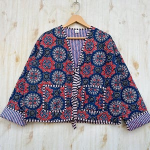 Block Print Quilted Jacket, Cotton Floral Bohemian Style Winter Jacket Coat, Streetwear Boho Quilted Reversible Jacket for Women