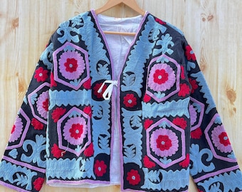 Handmade Suzani Embroidery Jacket, Winter Wear Jacket Coat, Womens Coat, Suzani Short Jacket, TNT Fabric Suzani Jacket, Robe, Gift For Her