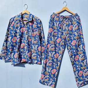 Women Night Wear Cotton Pajama Set, Bohemian Floral Cotton PJ Set, Indian Handmade, Sleepwear Pajama Seat, Summer Winter Wear, Soft Comfort
