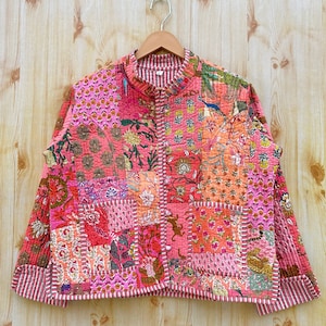 Cotton Patchwork Jacket With Collar, Quilted Jacket, Jacket With Matching Pocket And Strip, Pink Patchwork Jacket, Bomber Style Jacket