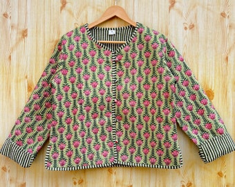 Reversible hand block print quilted jacket,organic cotton jacket,handmade vintage jacket,hand stitched cotton Jacket.hand block print design