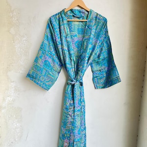 Long Silk Kimono Robe Dressing Gown, Poly Silk Robe, Silk Wedding Robe, Luxury Bathrobe, Loungewear Dress, Silk Dressing Gown, Silk Robe