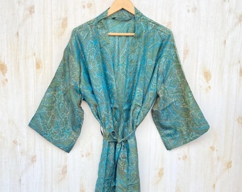Long Silk Kimono Robe Dressing Gown, Recycled Silk Floral Kimono Robe, Luxury Bathrobe, Silk Night Dressing Gown, Gift&#39;s For Baby Shower