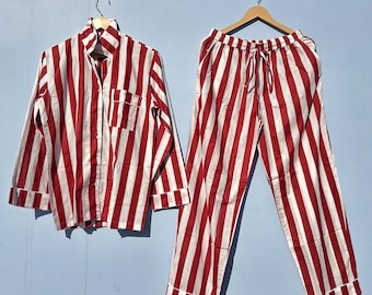 Cotton Pajama Set, Long Pajama With Shirt, Bridal Party Wear PJ Set, Comfort Night Suit, Striped Pajama Set, Summer Cotton Pajamas, Pjs Gift