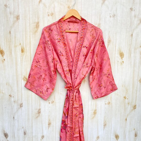 Kimono-Robe aus reiner Seide, Kimono mit Blumenmuster, Boho-Seidenrobe, Brautjungfer-Robe, Morgenmantel, Loungewear-Kimono, Geschenk für sie